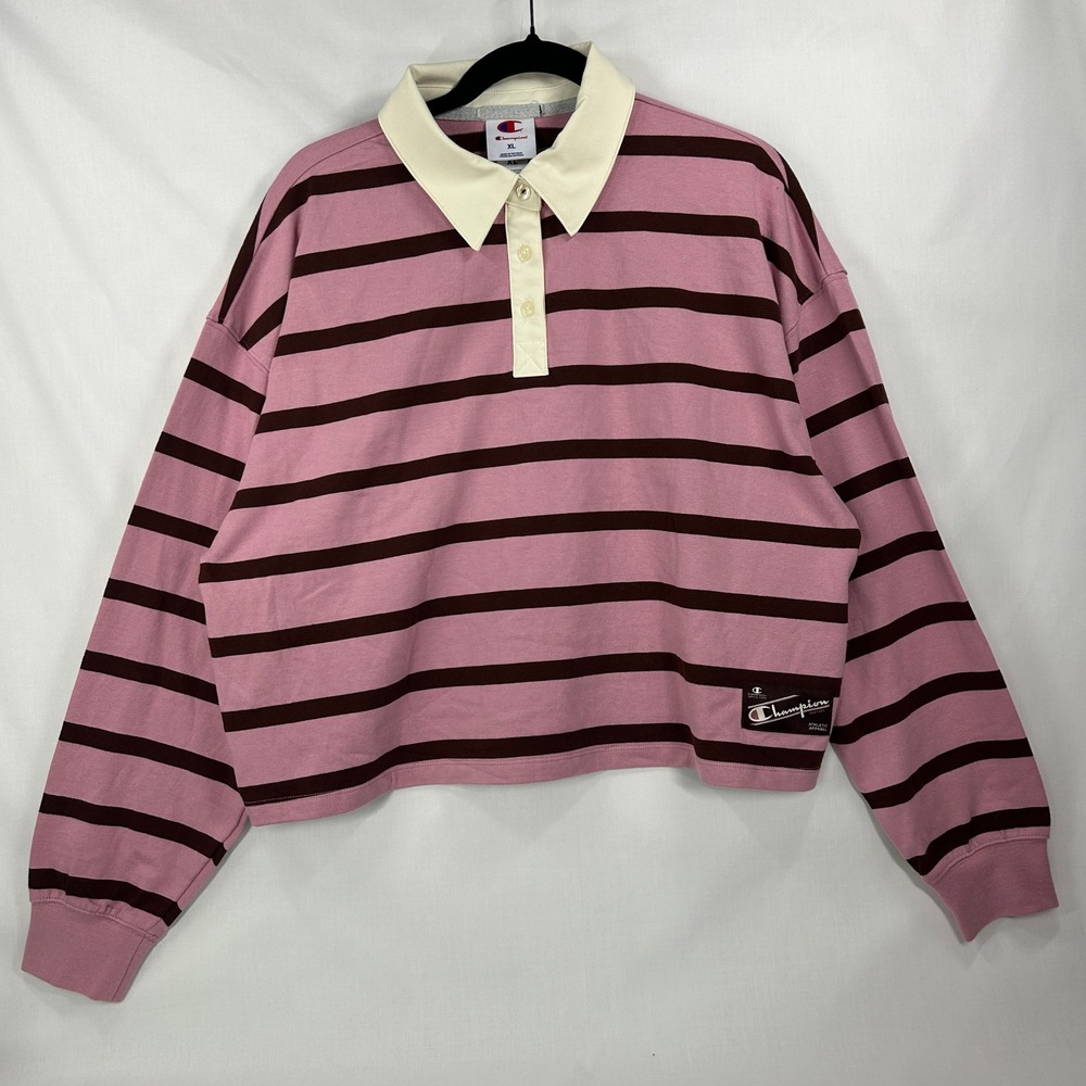 Champion Cropped Long Sleeve Striped Rugby Shirt Pink XL